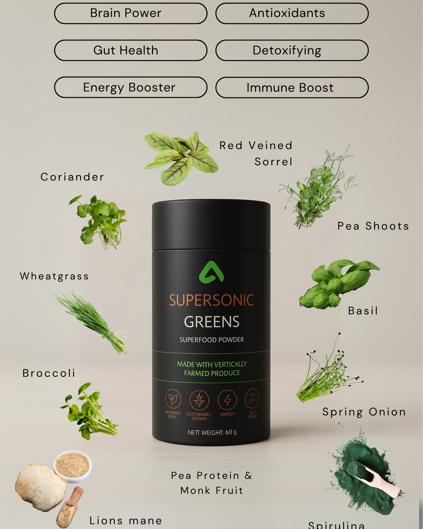 Supersonic Greens microgreen superfood powder with ingredients including spirulina, pea protein, lion’s mane, and vertical farmed herbs