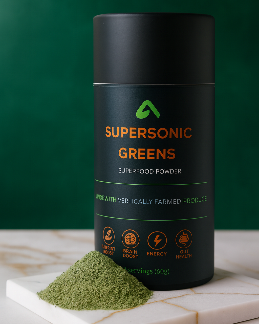 Supersonic Greens superfood powder container with green powder on a marble surface against a green background