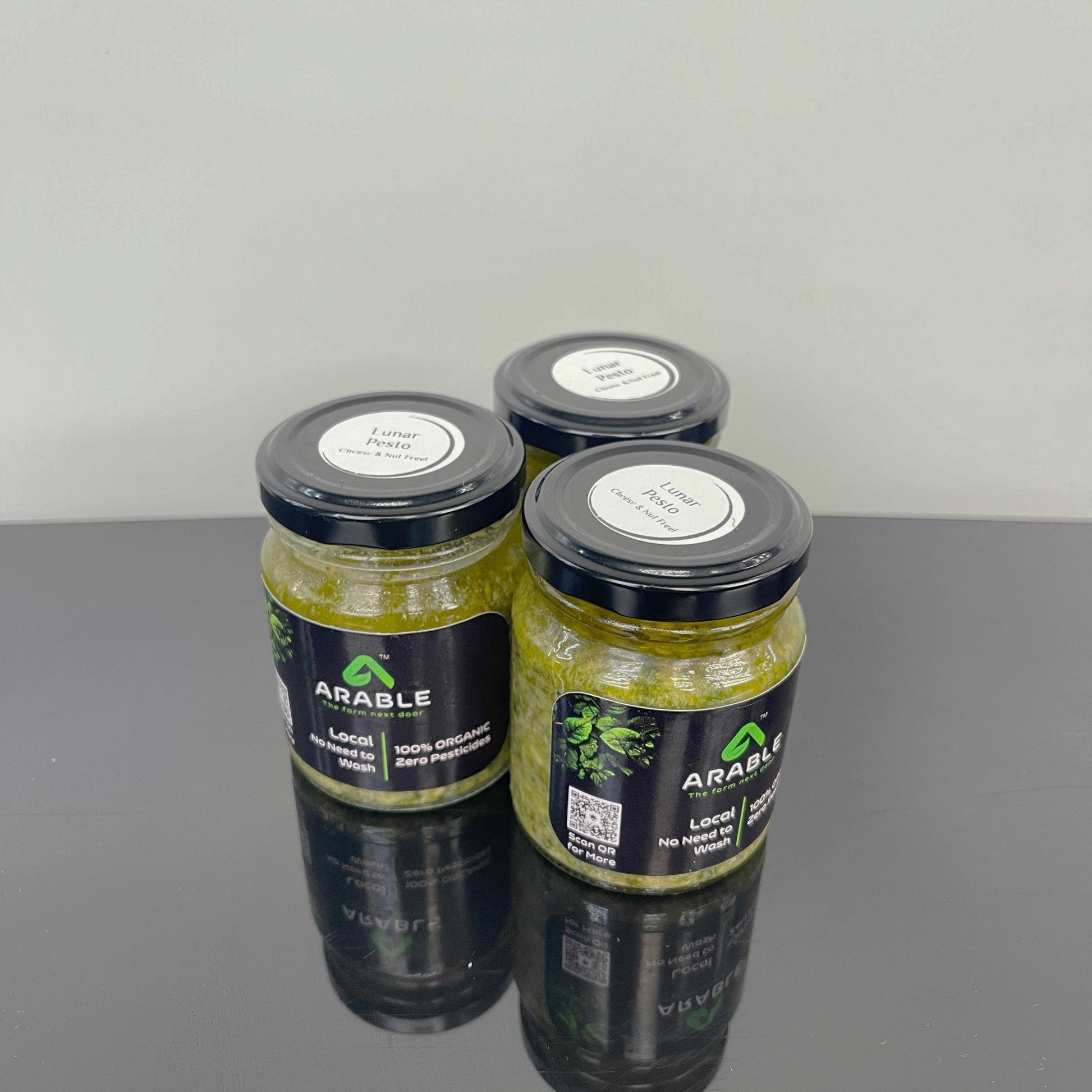Arable Lunar Pesto jars – locally made, 100% organic, nut-free and lactose-free basil pesto in glass jars with black labels, perfect for health-conscious food lovers.