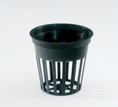 Black plastic hydroponic net pot designed for nutrient film technique (NFT) and deep water culture (DWC) systems, ideal for seedling support and root aeration.
