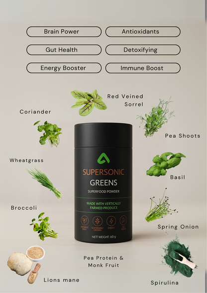 Supersonic Greens microgreen superfood powder with ingredients including spirulina, pea protein, lion’s mane, and vertical farmed herbs