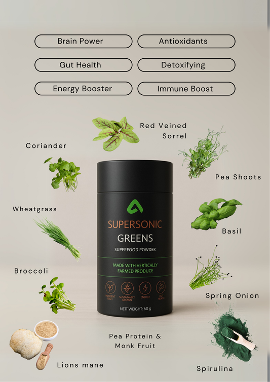Supersonic Greens microgreen superfood powder with ingredients including spirulina, pea protein, lion’s mane, and vertical farmed herbs